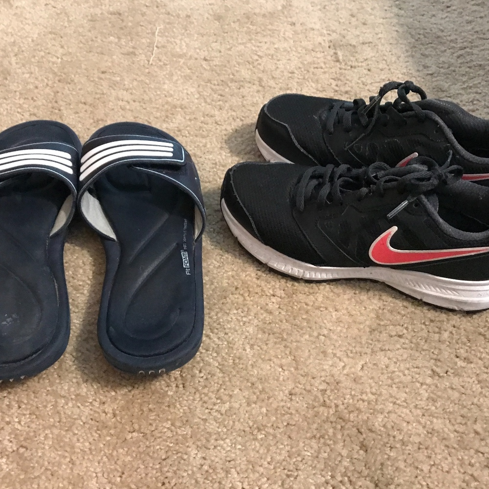 slides and running shoes